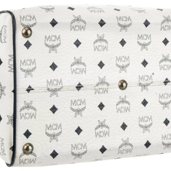 MCM White Visetos Top Handle Bag with Black Leather Trim & Gold Hardware - Picture 5 of 6